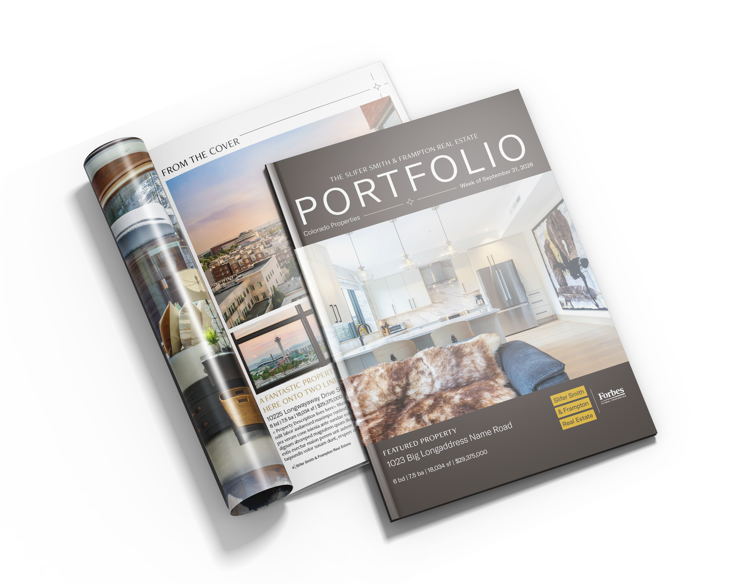 A real estate brochure open to pages showing property listings with images of cityscape views, interior shots of modern kitchens, and property descriptions.