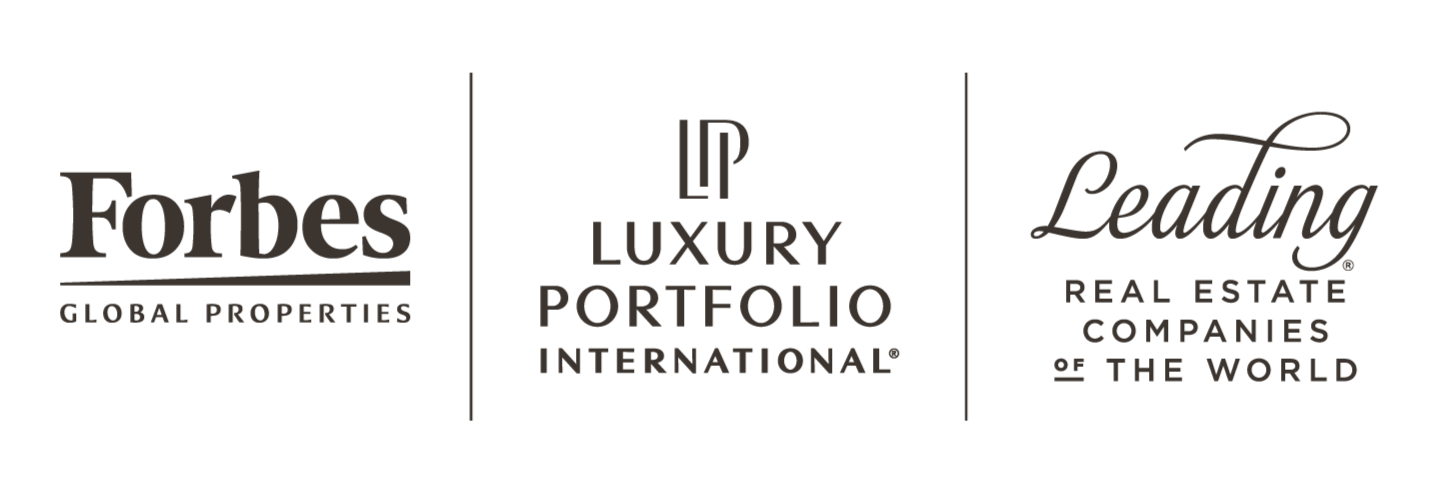 Black and gray logo featuring the words 'Forbes Global Properties', 'LUXURY PORTFOLIO INTERNATIONAL', and 'Leading Real Estate Companies of the World' with decorative lines separating sections.