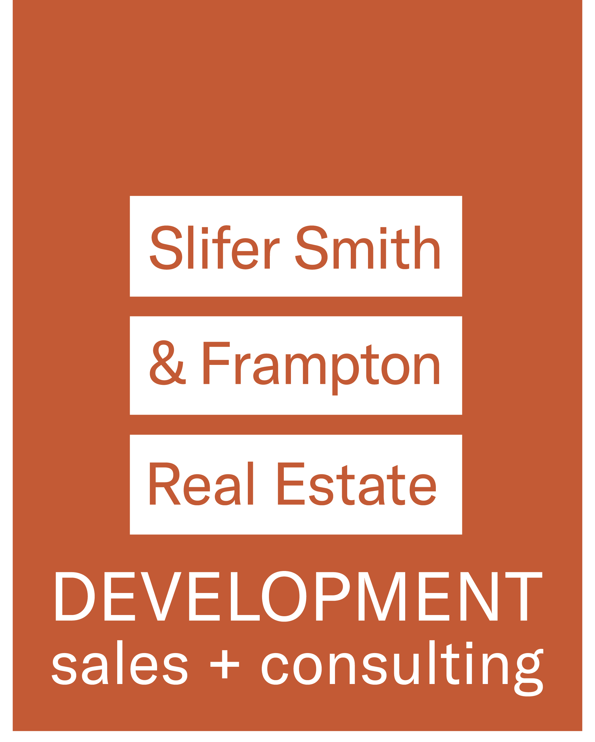 Text on a brown background with white rectangles containing the names 'Slifer Smith & Frampton' and the word 'Development' indicating real estate sales and consulting.