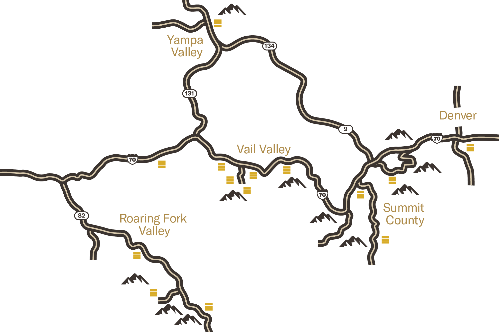 Map showing roads and valleys including Yampa Valley, Vail Valley, Roaring Fork Valley, and Summit County, Colorado, with some mountain icons and yellow symbols.