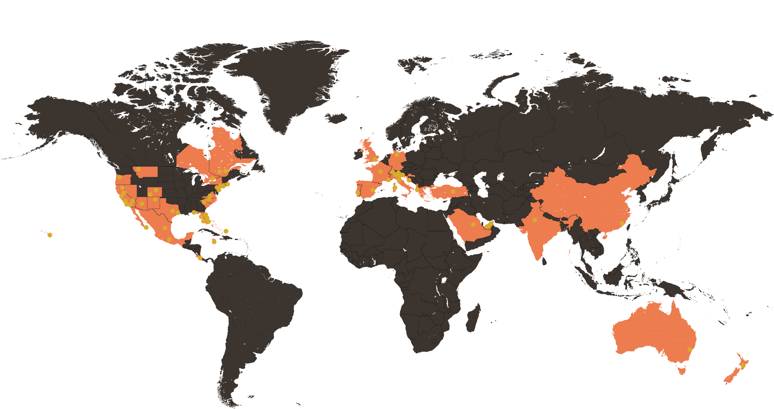 A world map with countries highlighted in orange and yellow dots, indicating specific regions or countries.