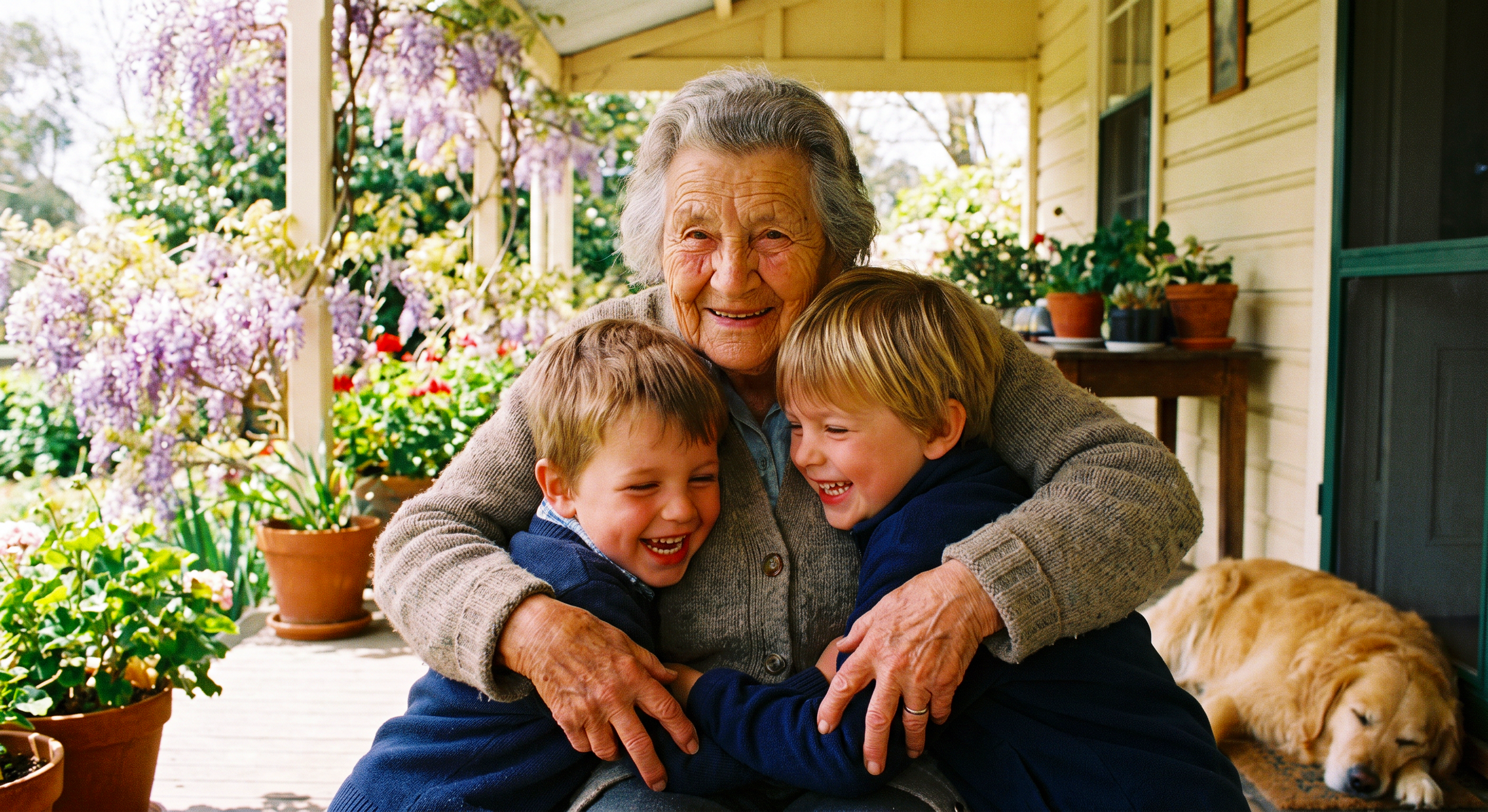 An elderly woman hugging two young boys in an outdoor porch filled with potted plants and flowers, smiling and enjoying a joyful moment.