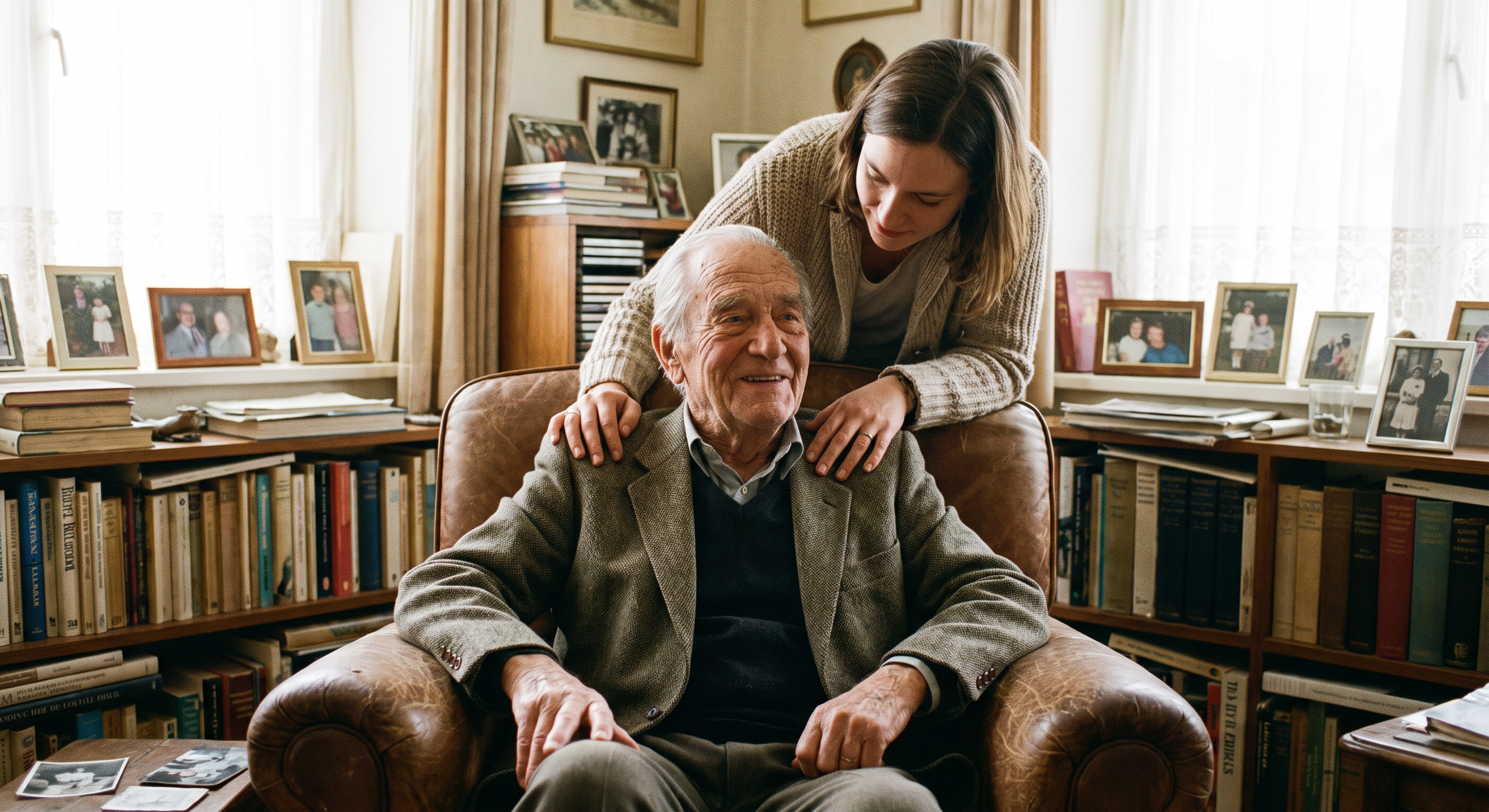 A woman leaning over an elderly man seated in a leather armchair in a room filled with framed photographs and books, with light coming through large windows.
