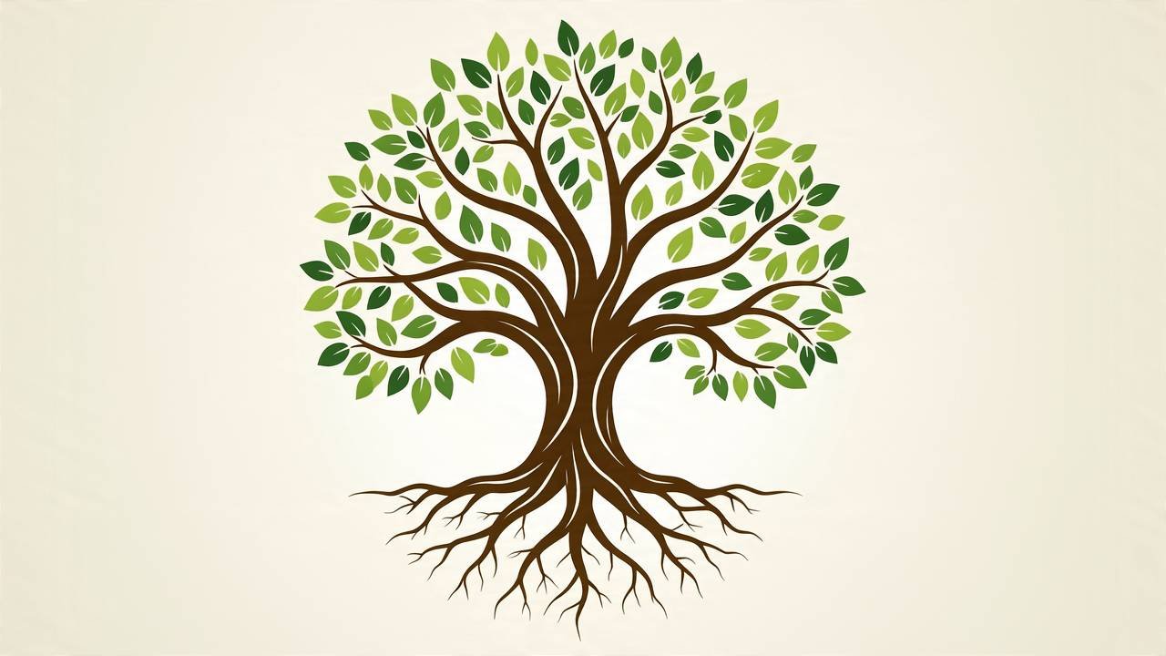 Illustration of a tree with green leaves and visible roots.