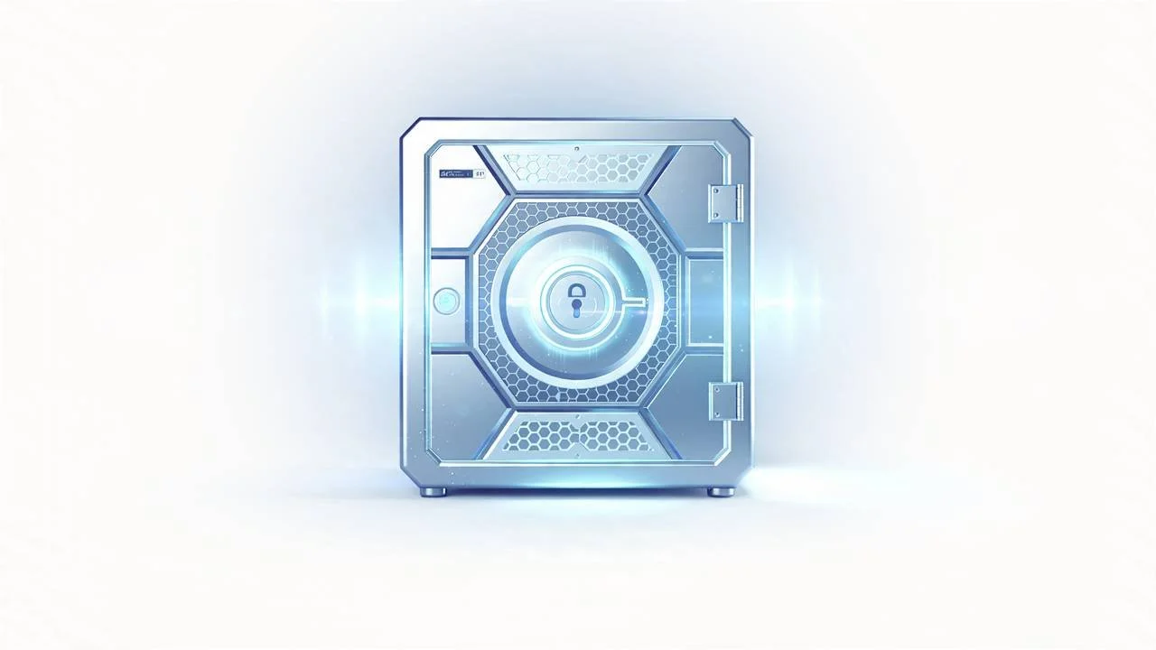 A digital illustration of a futuristic security safe with a glowing lock in the center, set against a light background.