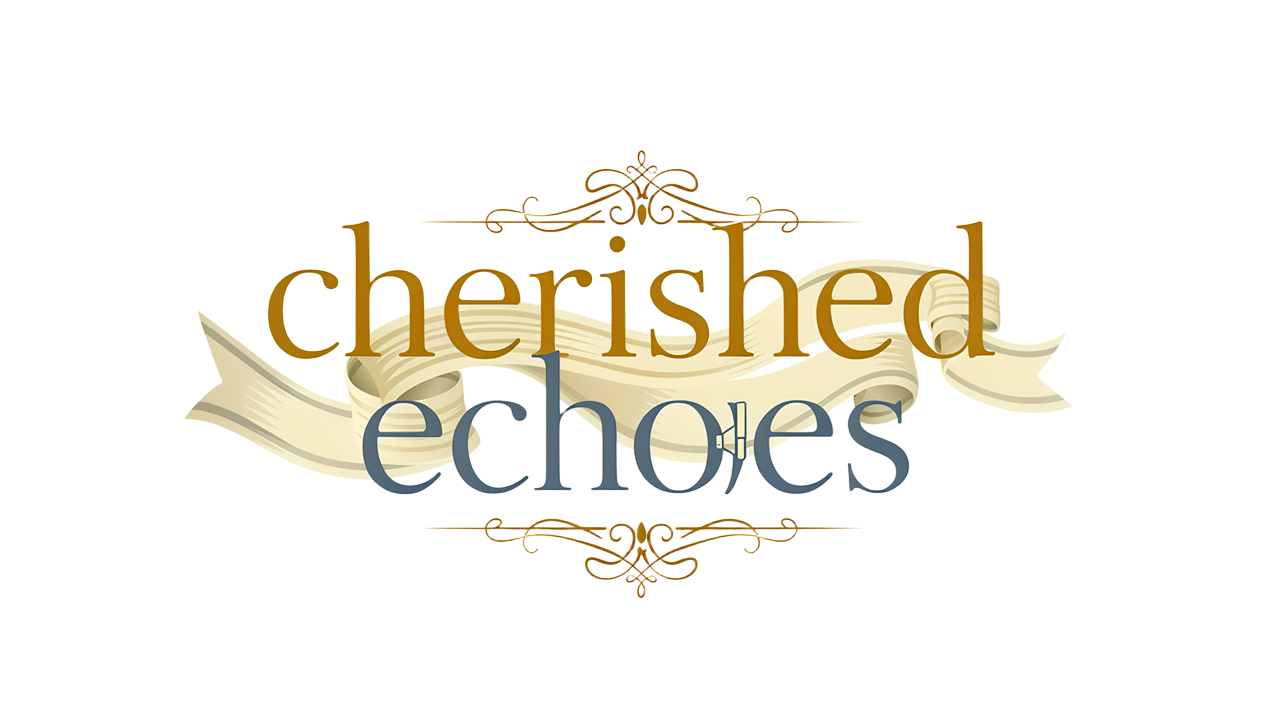 Logo for Cherished Echoes with the words in decorative font and a ribbon design.