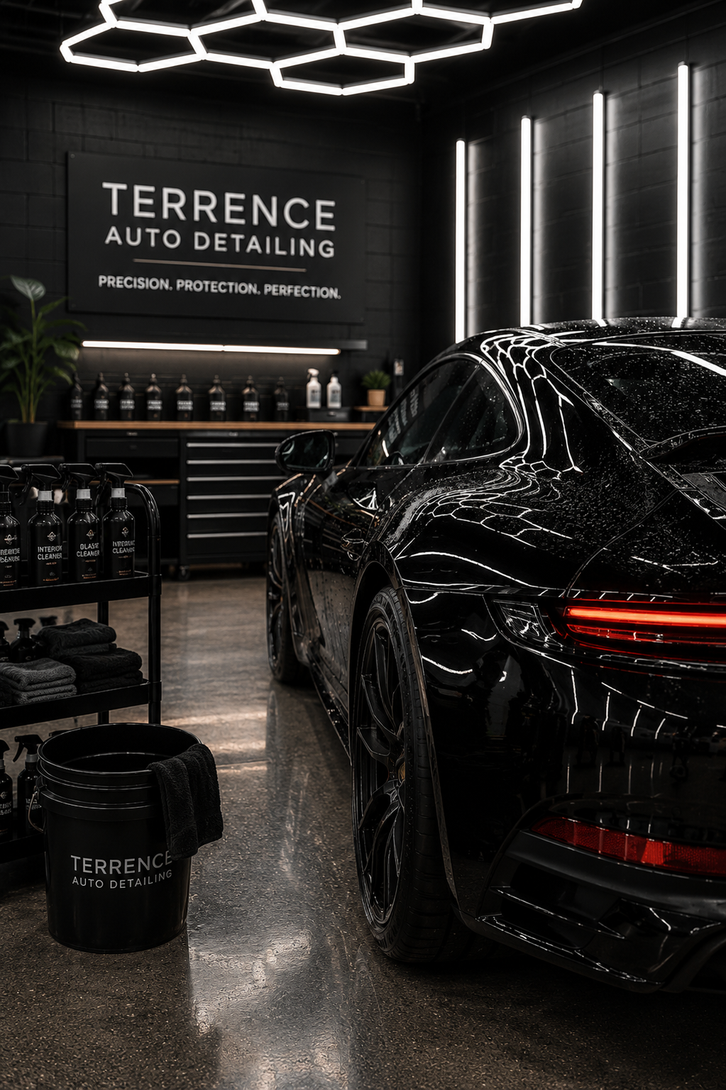 A black luxury sports car inside an auto detailing shop with bright white geometric ceiling lights. The shop has a black wall with a sign that reads 'Terence Auto Detailing' and supplies like bottles of cleaner and towels in the foreground.