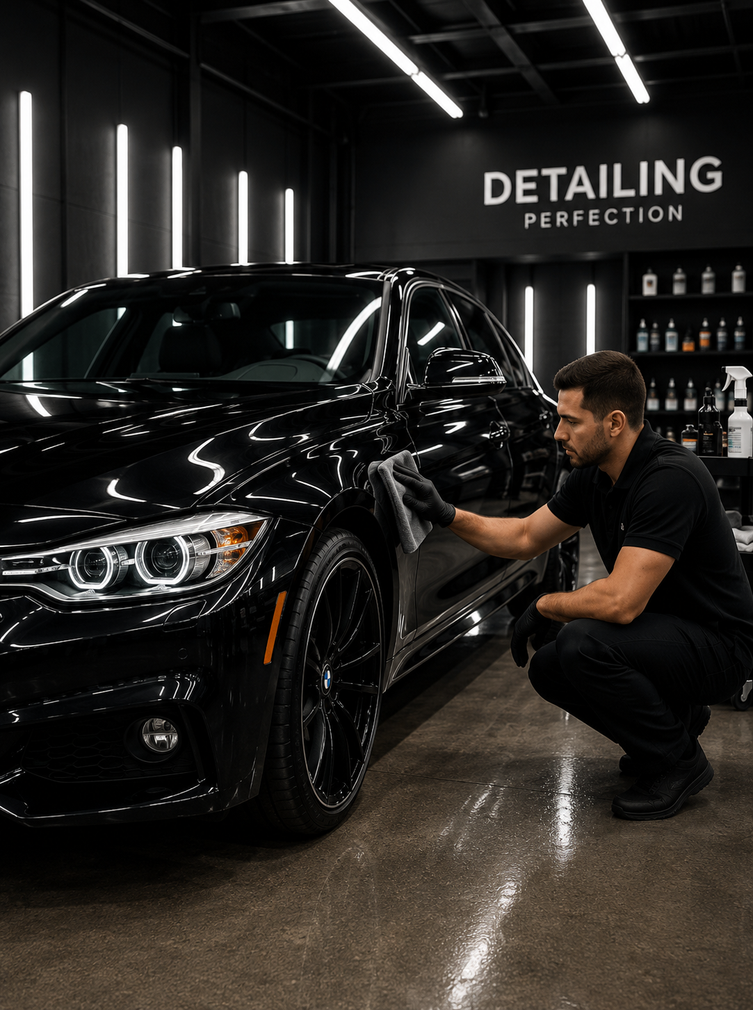 A man cleaning a black car inside a detailing shop with the words 'Detailing Perfection' on the wall.