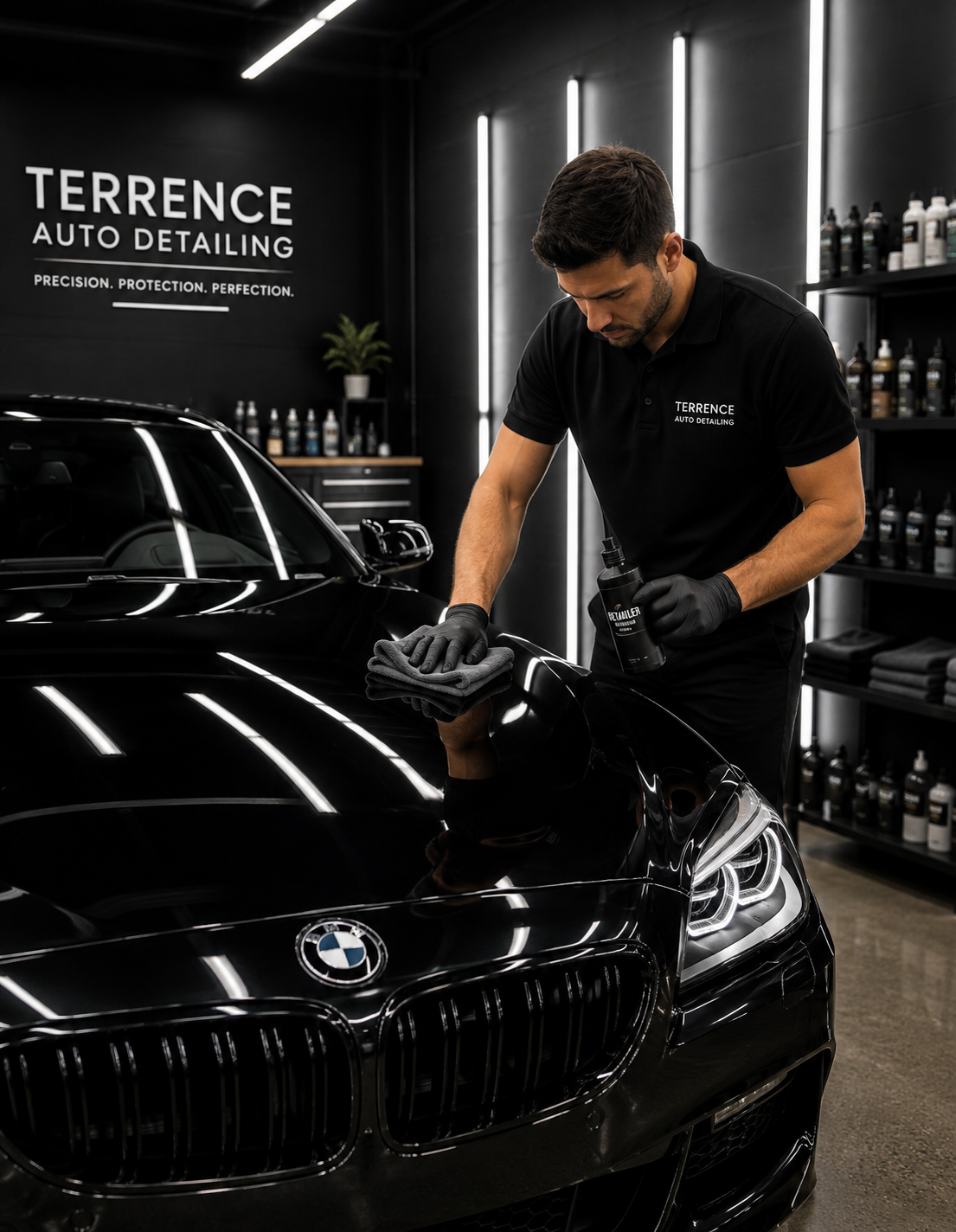 A man in black auto detailing uniform cleaning a black BMW car inside a modern detailing shop with shelves of bottles and a sign that reads "Terrence Auto Detailing."