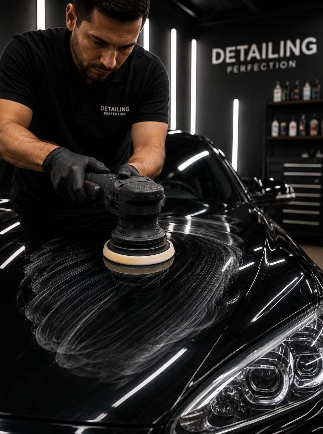 Man polishing a black car with a buffer in a detailing shop.