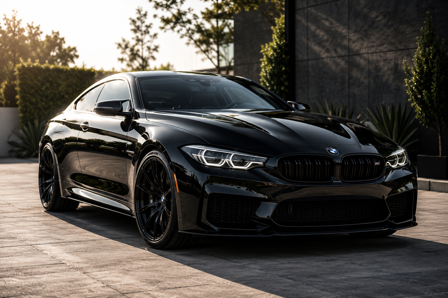 A sleek black BMW M4 sports car parked on a paved driveway with greenery and modern building in the background, illuminated by sunset lighting.