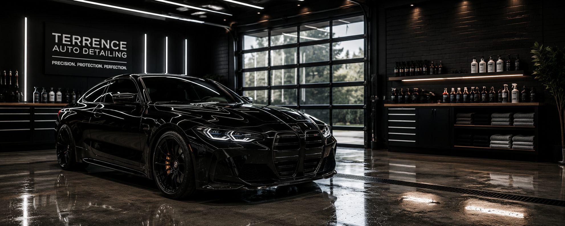 A sleek black car inside an auto detailing garage with bottles of detailing products on shelves and a large window showing the outdoors.