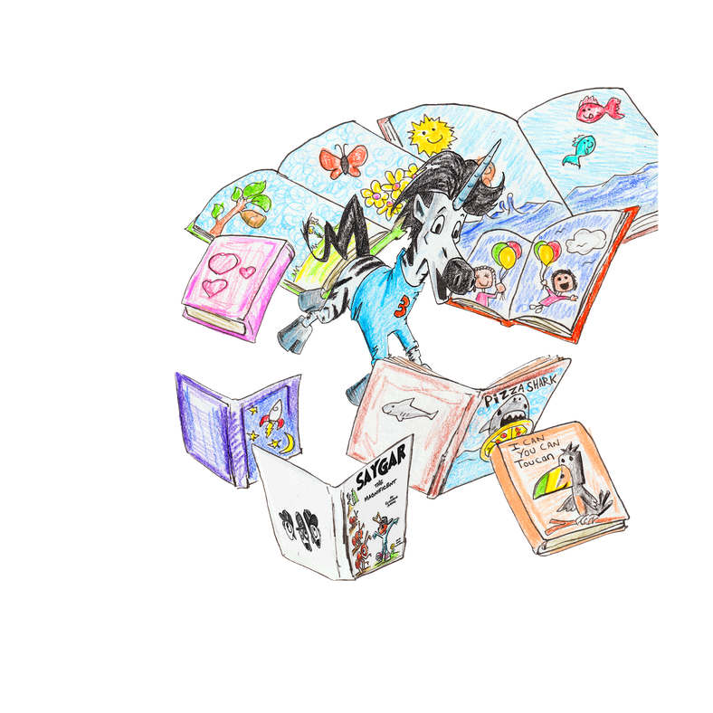 Illustrated unicorn and bird surrounded by open books.