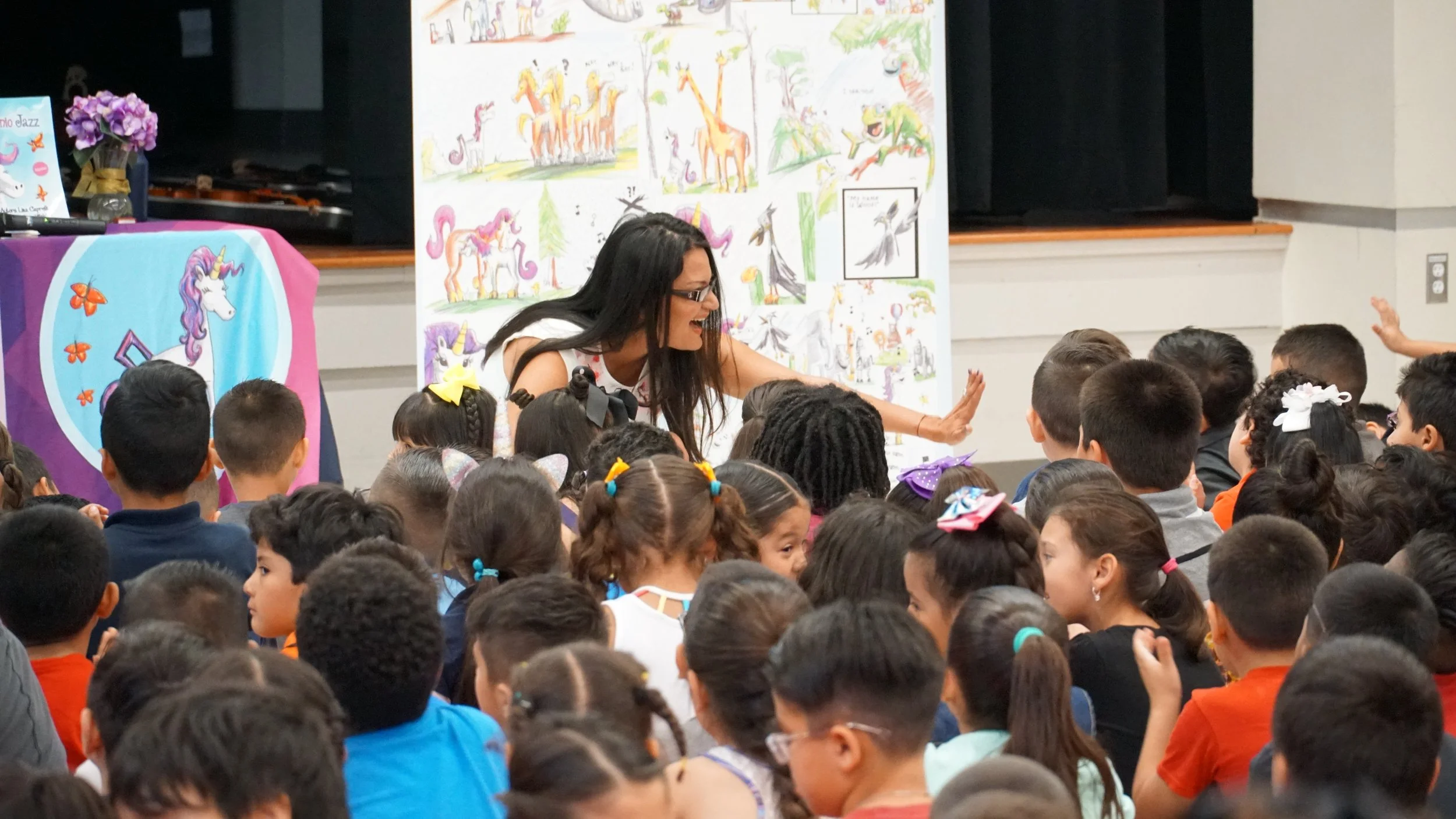 Lisa Caprelli connecting with young readers during a Unicorn Jazz school visit