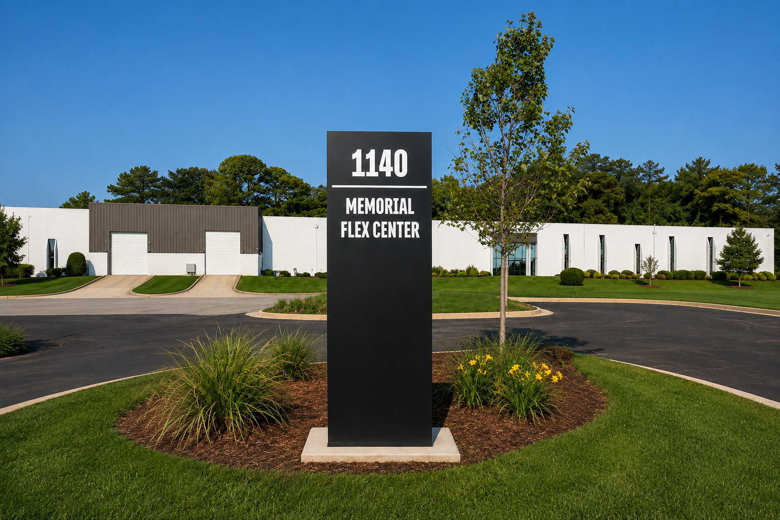 Black sign with white text reading "1140 Memorial Flex Center" in front of a white building with bays, green lawns, young trees, and a clear blue sky.