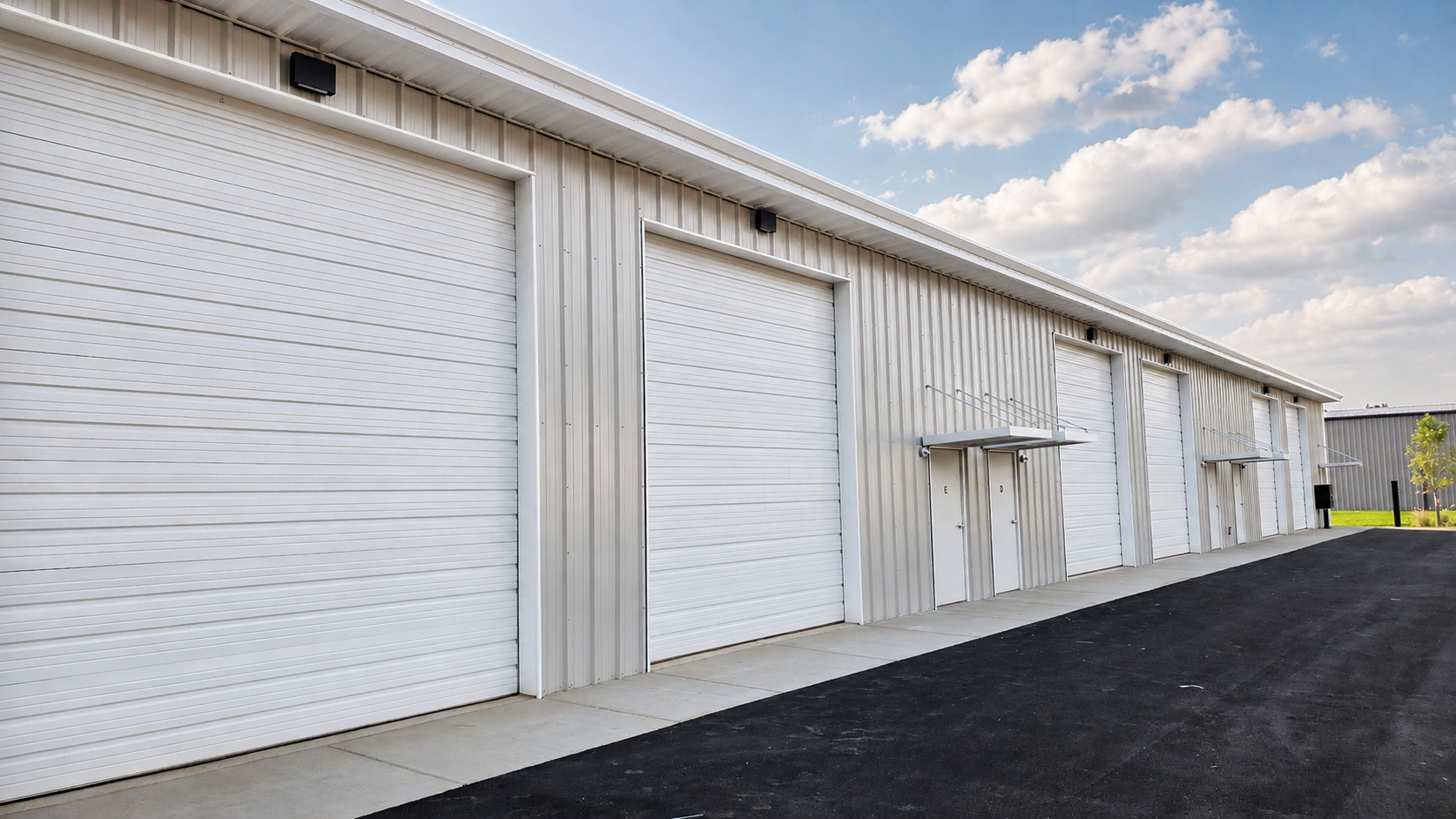 A row of large white industrial storage units or garages with roll-up doors, under a partly cloudy sky.