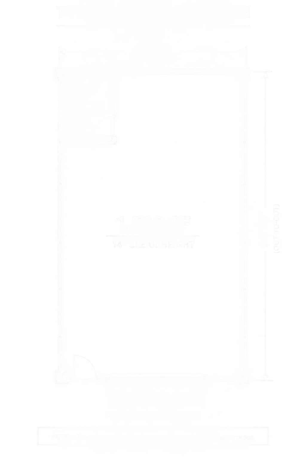 Floor plan of a building with labeled dimensions, including areas of 1,500 square feet and ceiling height of 14 feet, with a clear height door and various rooms.