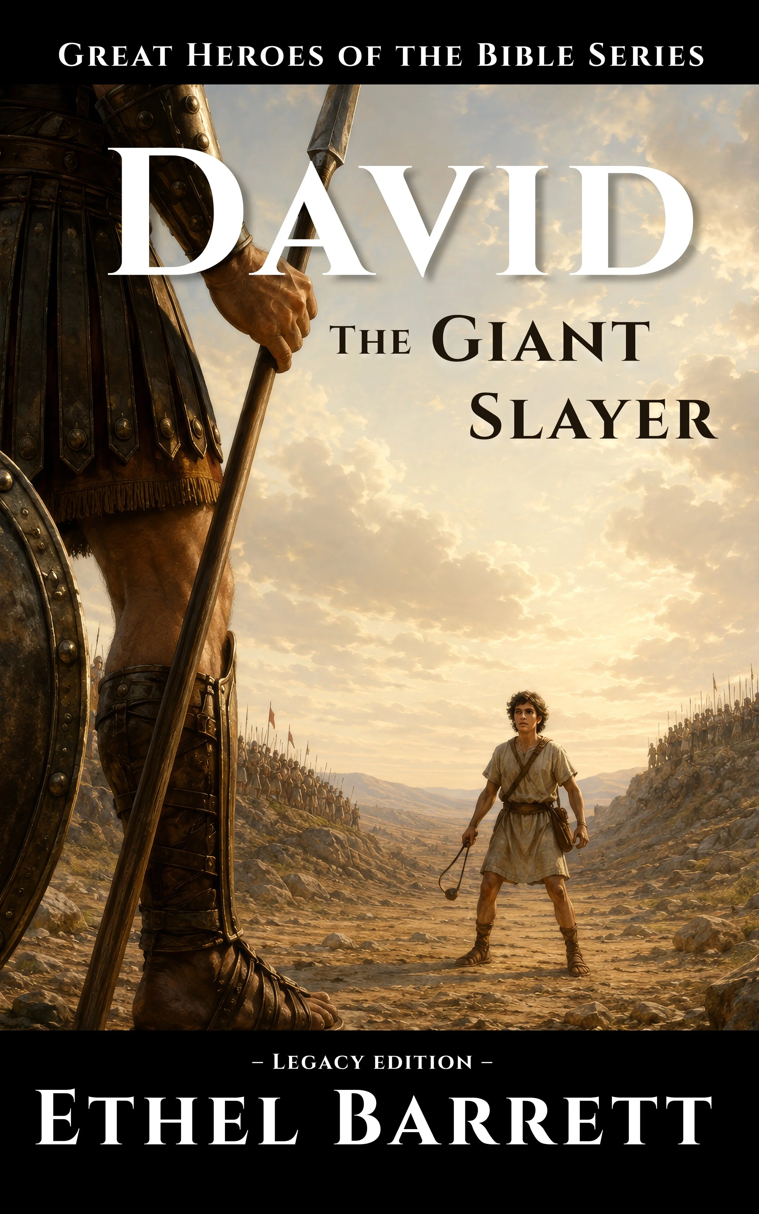 Book cover for 'The Giant Slayer' by Ethel Barrett, part of the Great Heroes of the Bible series, featuring a biblical warrior with armor, shield, and spear, and a young shepherd with a sling standing in a rocky, mountainous landscape with a crowd of soldiers in the background, under a cloudy sky.