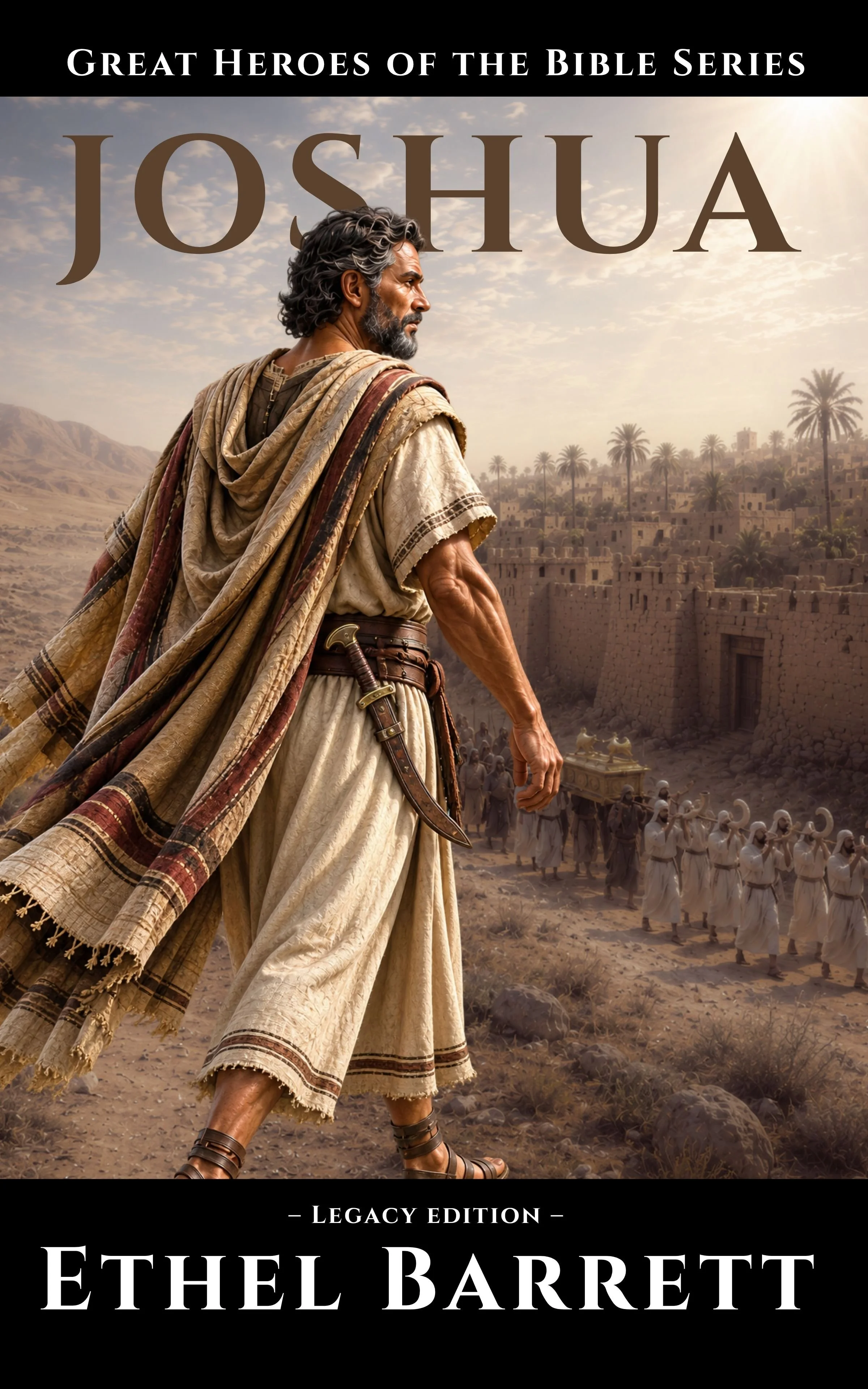 Book cover for 'The Prophet' featuring a man in ancient robes walking through a desert town, with palm trees and a city wall in the background, titled part of the 'Great Heroes of the Bible Series' by Ethel Barrett.