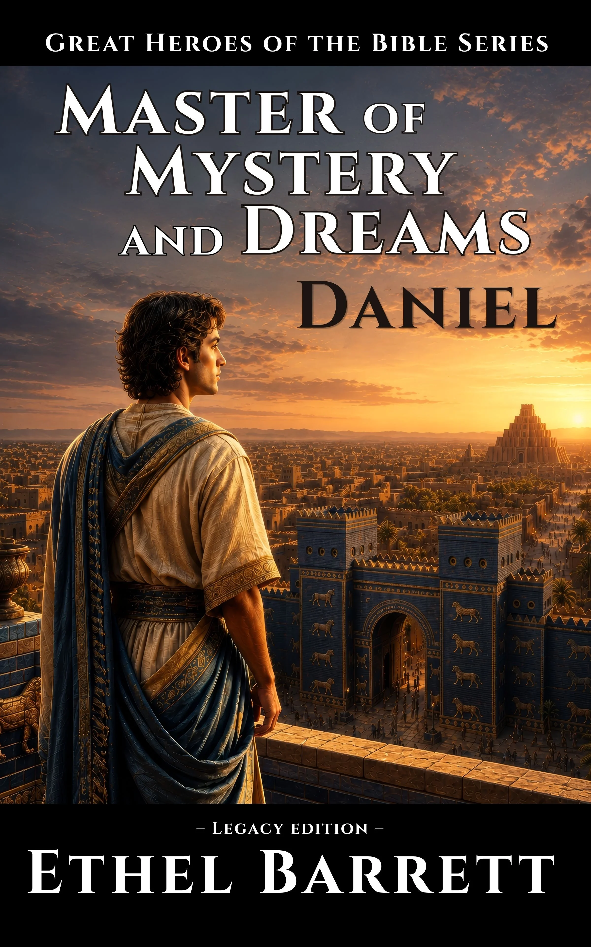 Book cover of Master of Mystery and Dreams: Daniel by Ethel Barrett, showing Daniel overlooking ancient Babylon at sunset with the Ishtar Gate and ziggurat in the distance.