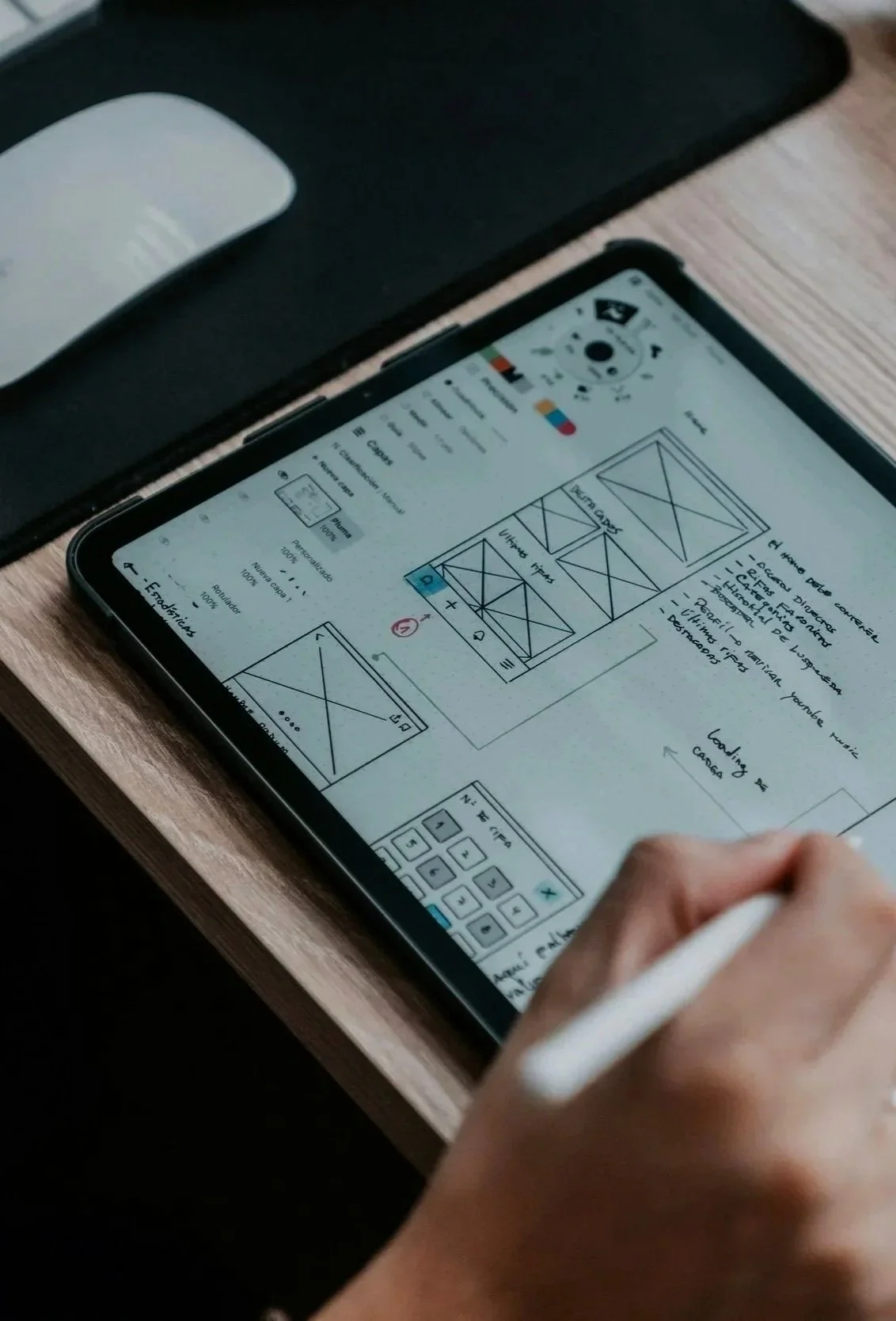 Digital tablet on wooden desk displaying design sketches, diagrams, and notes, with person's hand holding stylus.