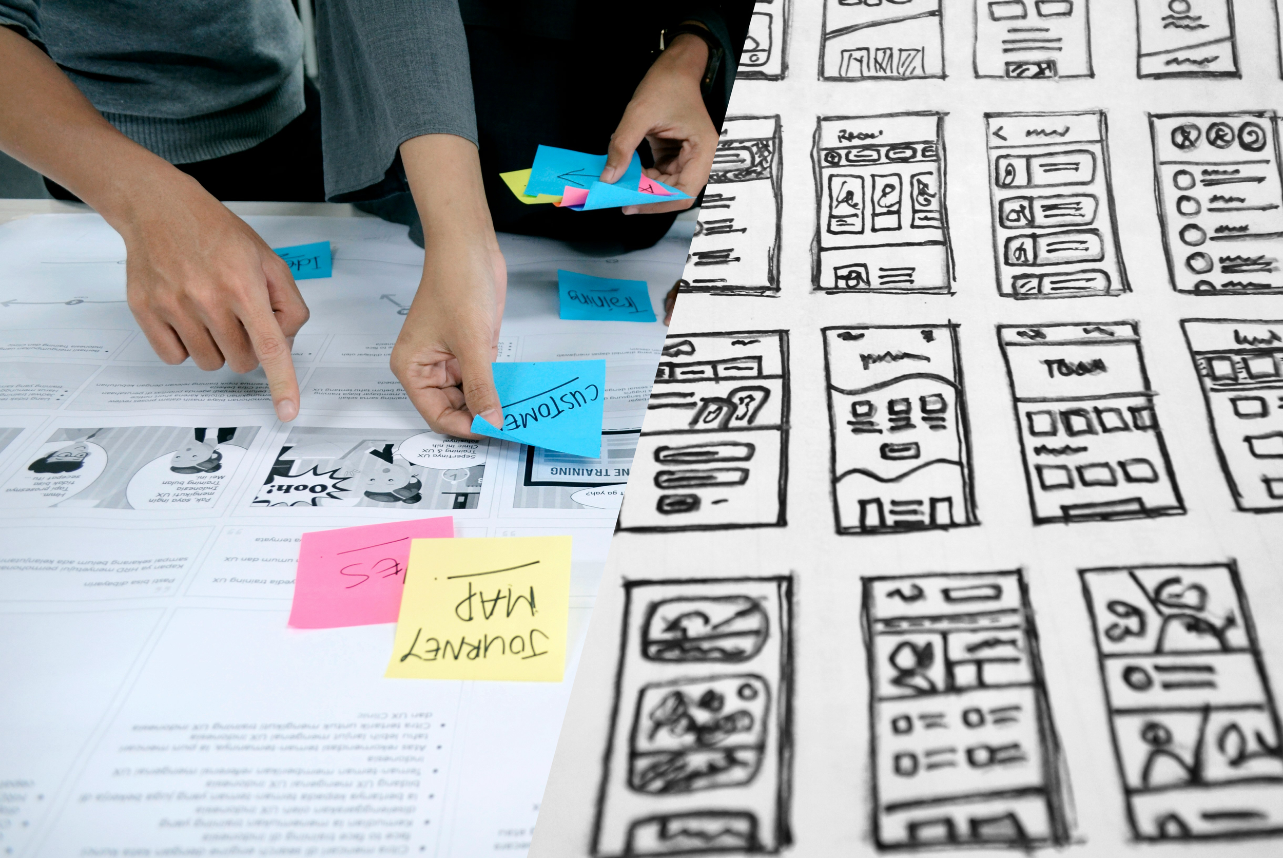 Person points to project document on table, while another person holds sticky notes. The image is split into two parts: the left side shows a real-life scene, and the right side shows a black-and-white sketch or wireframe of a mobile app layout.