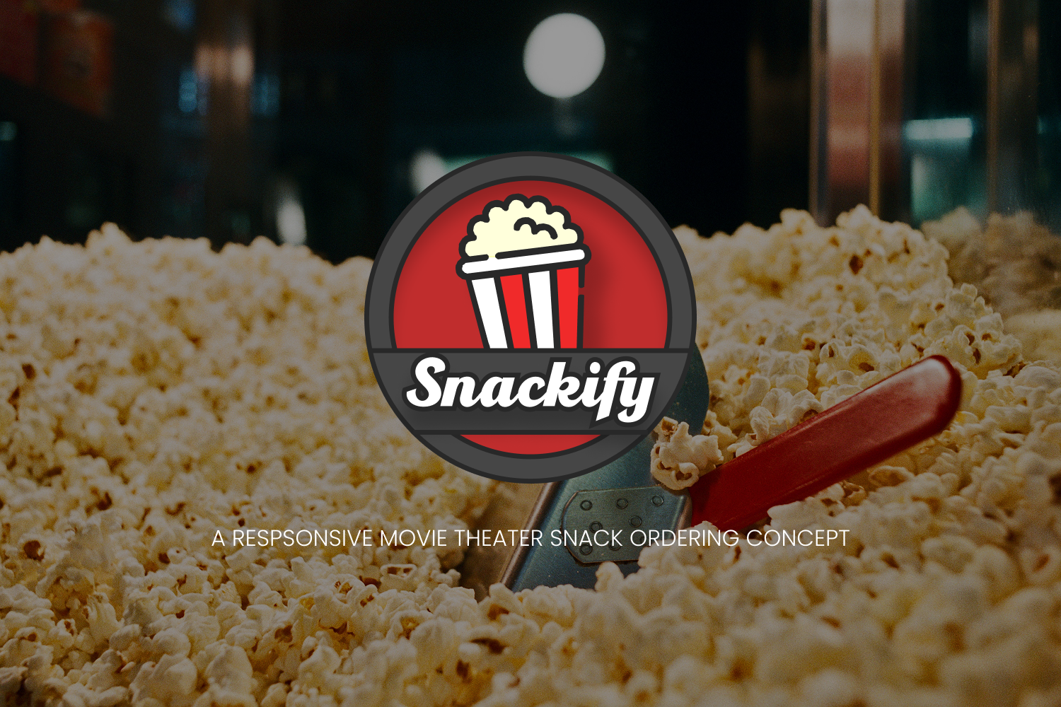 Large movie theater display case of popcorn with red scoop, overlaid with circular logo featuring a popcorn bucket and text 'Snackify'.