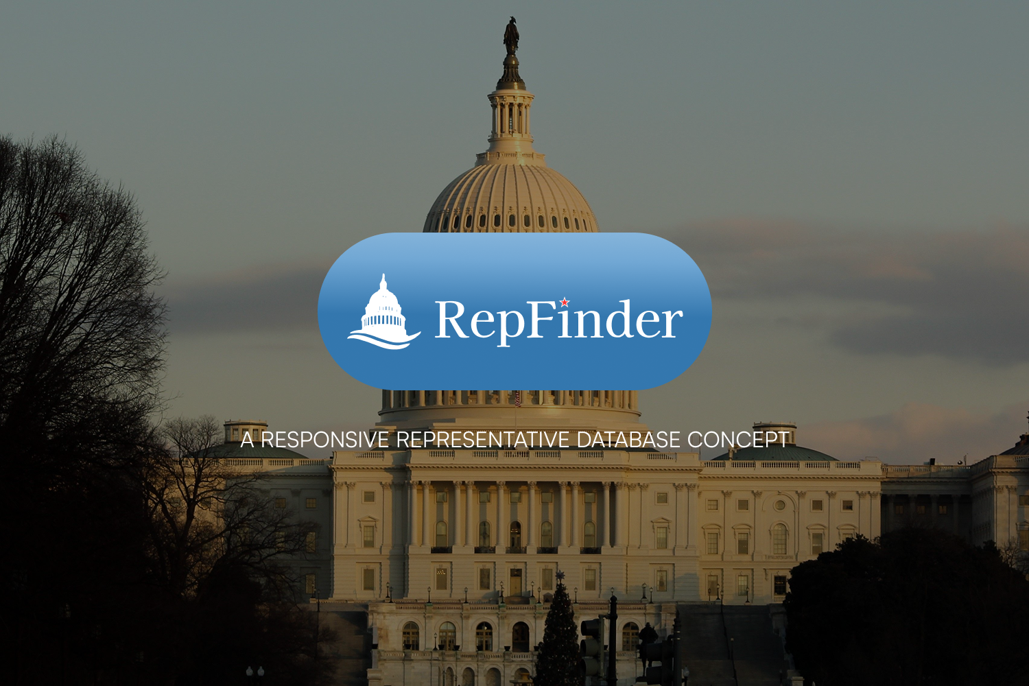 U.S. Capitol building in Washington D.C. during sunset with blue overlay of Repfinder logo and slogan.