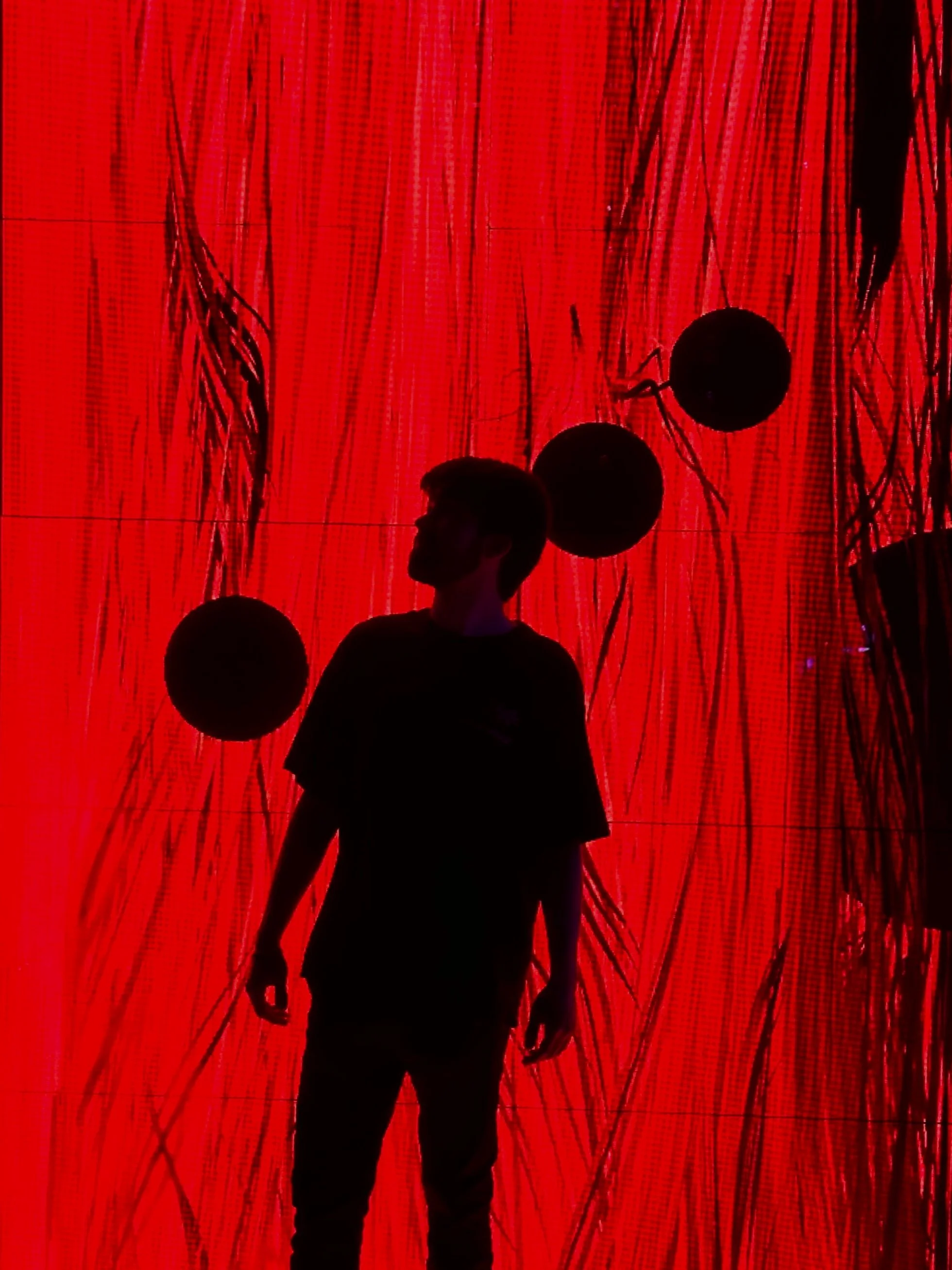 Silhouette of person standing in front of vibrant red and black abstract background with hanging strands and spherical objects.