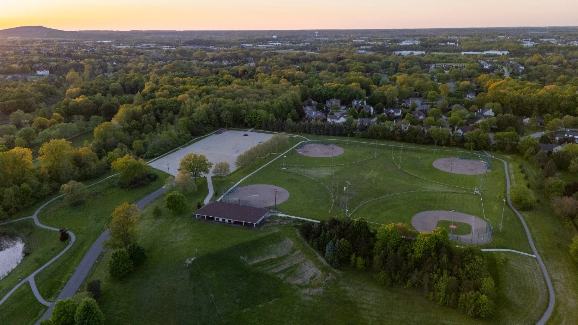 D Morby Media, photographer and videographer in SE MI Aerial image of Plymouth Township Park baseball fields and parking lot.jpg