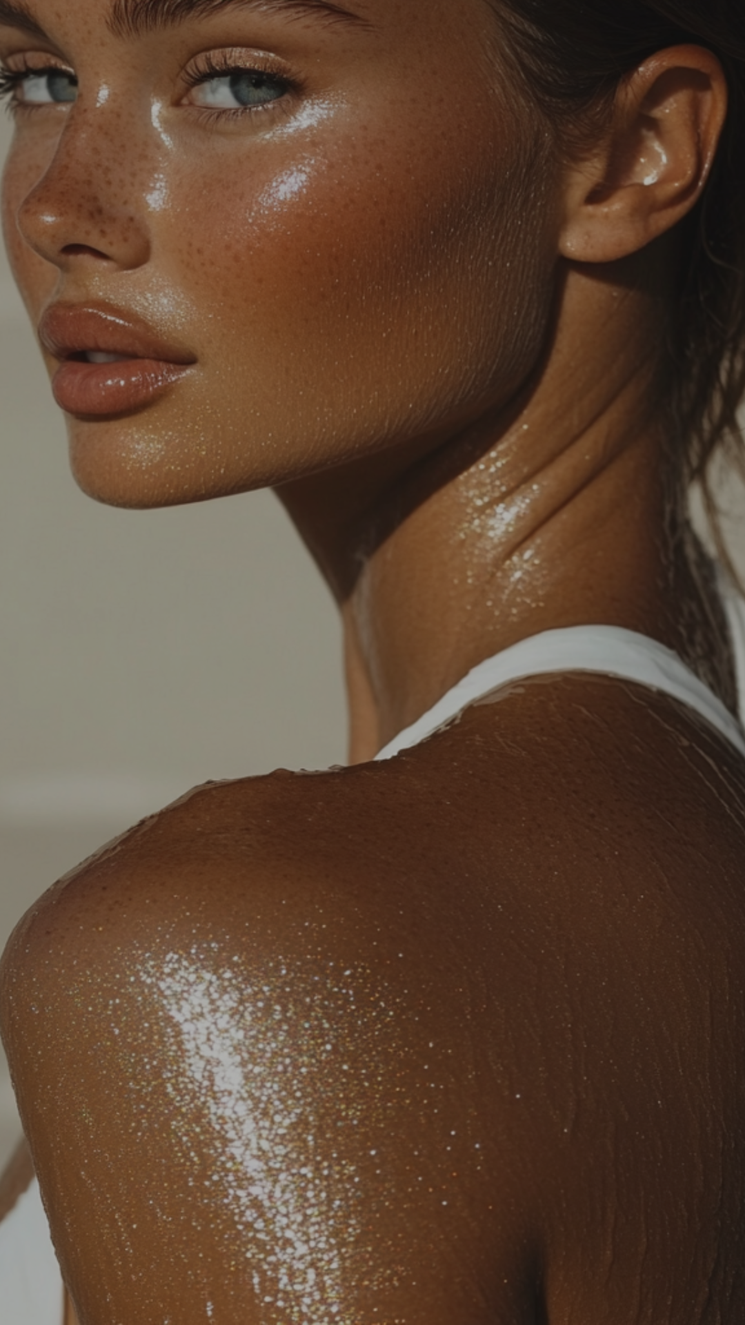 Close-up of a woman with tan skin, wet skin, silver glitter on face, shoulder, and neck, and light makeup.