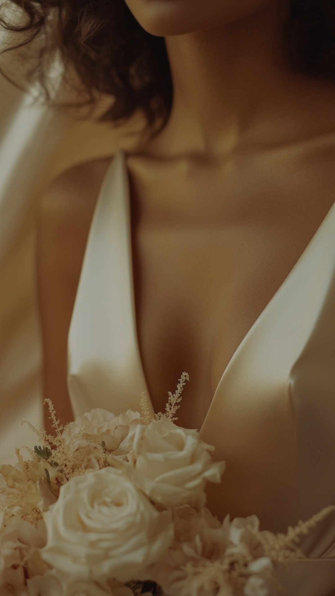 Close-up of a woman in a white dress holding a bouquet of white roses and flowers.