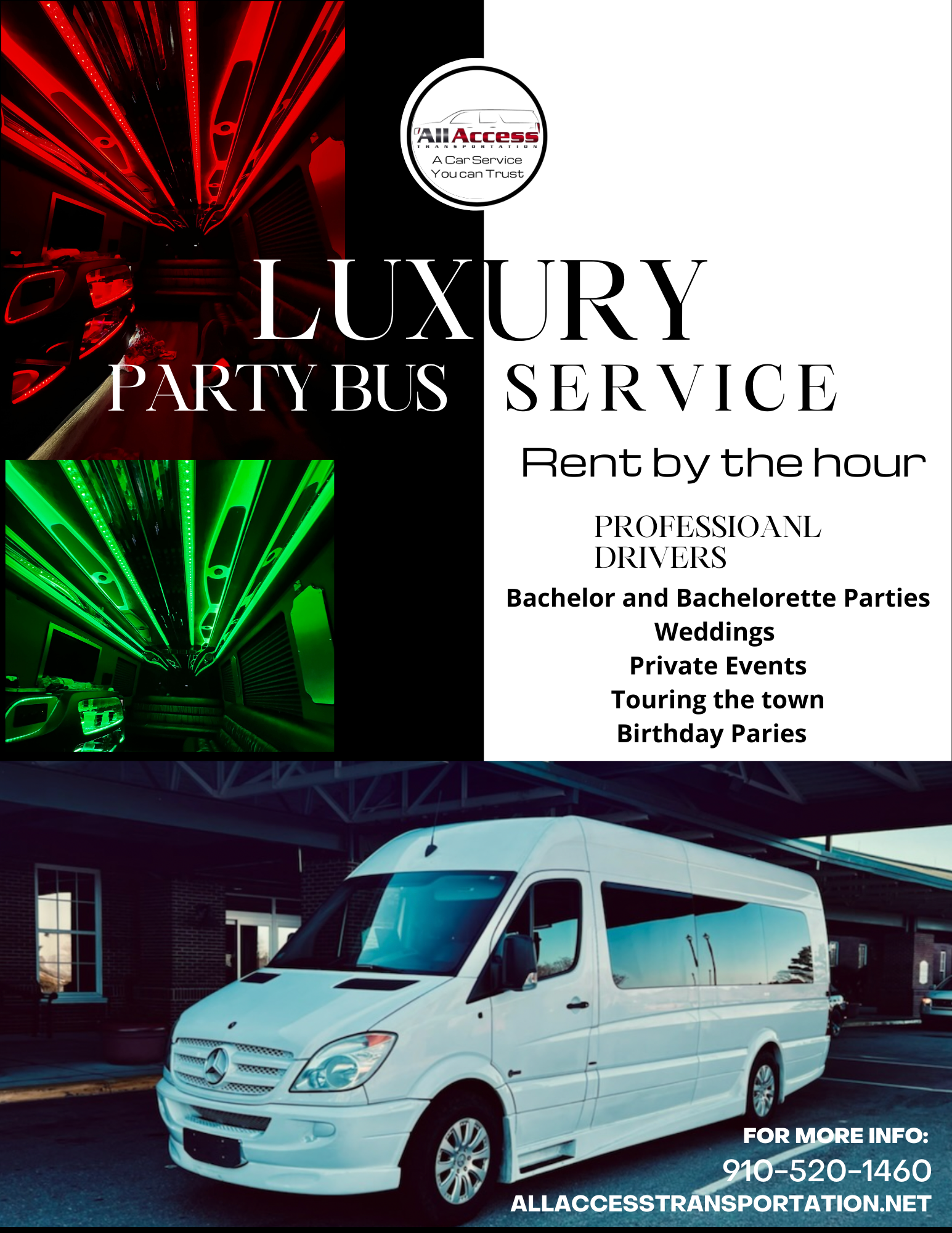 A white luxury Mercedes-Benz party bus parked in front of a building with a covered entrance. The bus is positioned under a large umbrella and has black-tinted windows. The image includes a promotional overlay for All Access Transportation, offering luxury party bus services, with images of the interior lighting in red and green, and contact information at the bottom.