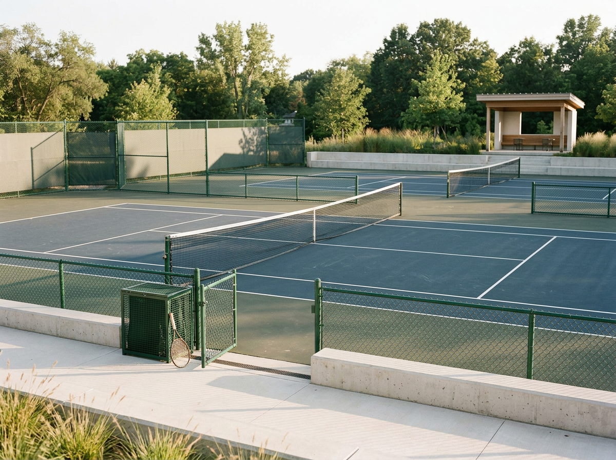 Empty tennis courts with nets, surrounded by green trees and a sitting area at the back.