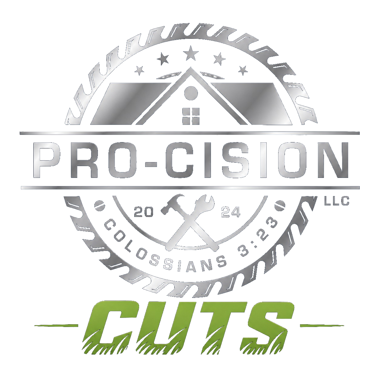 A logo featuring a metallic emblem with a house, screws, and wrench, the words "PRO-CISION" in the center, the phrase "24/7" and "Professionals" below, and the word "GTS" in green and purple at the bottom.