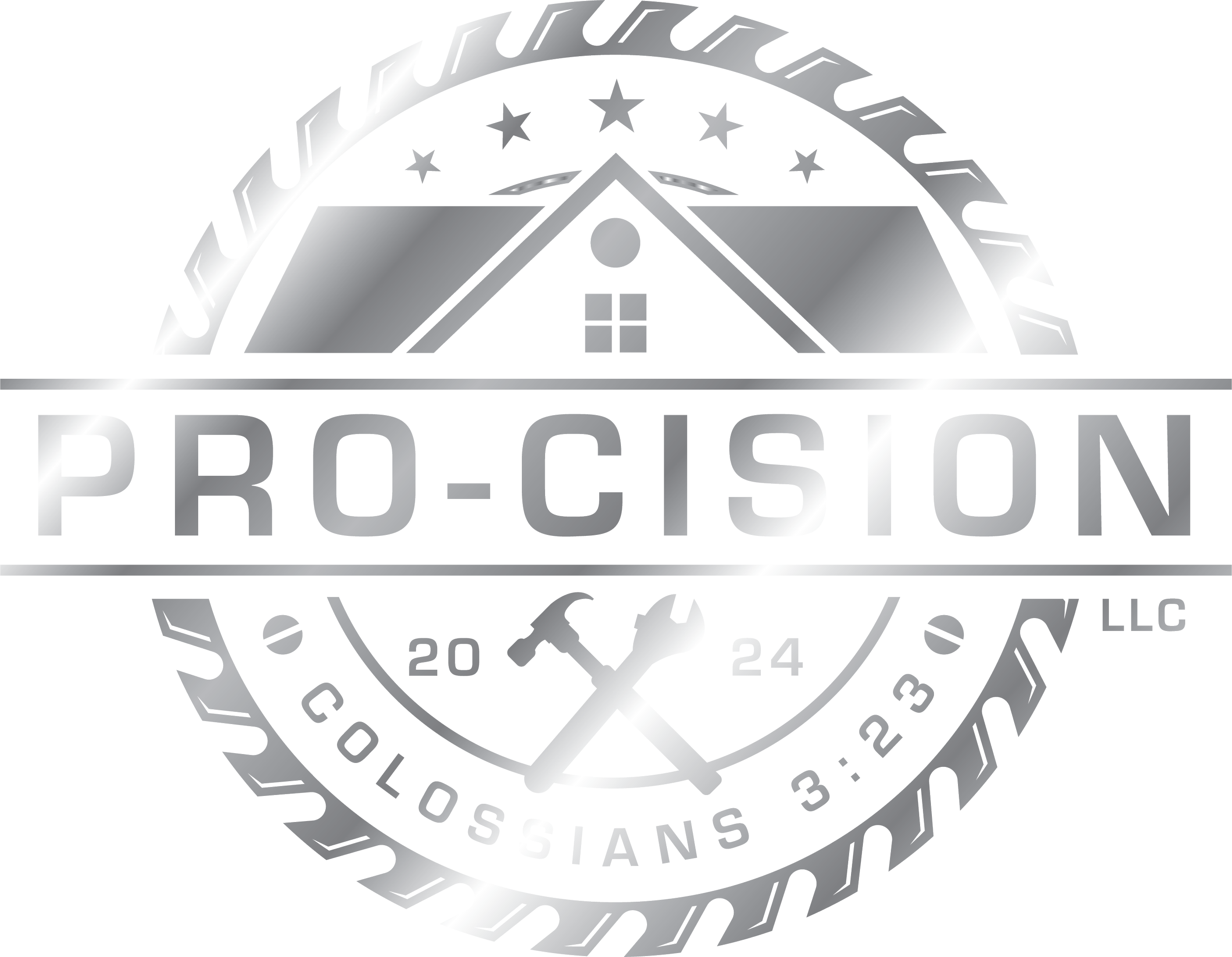 Silver and gray logo with a house illustration at the top, stars above, and text reading "PRO-CISION" with additional text "CLOSINGS, LLC" and the year 2024.
