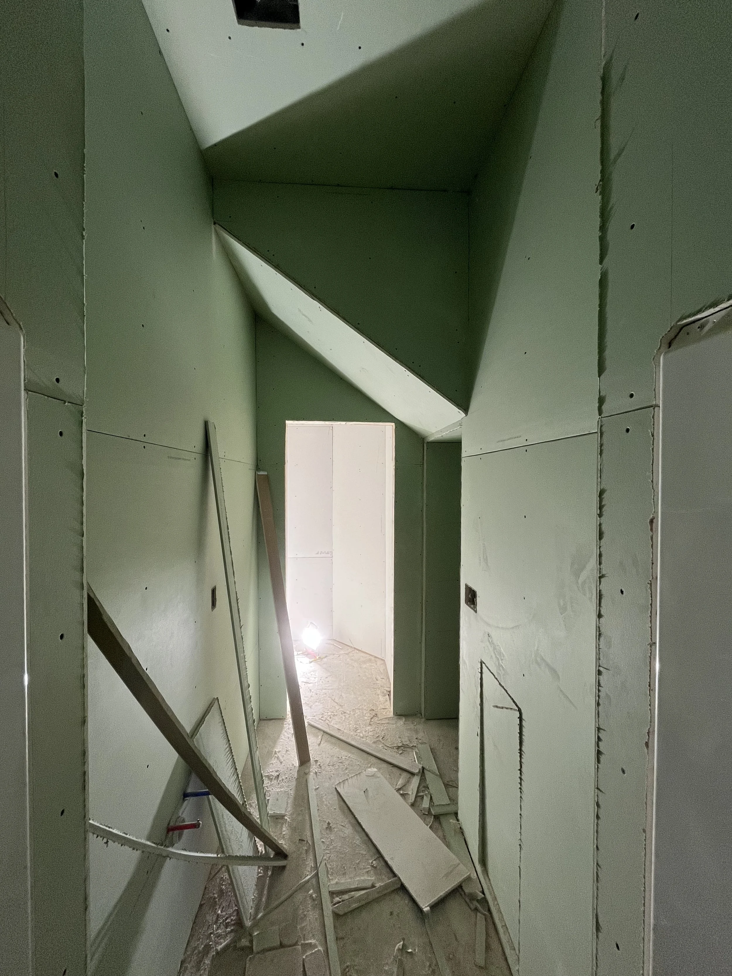 First floor master bathroom drywall. (Its all green because it is mold & moisture resistant.)