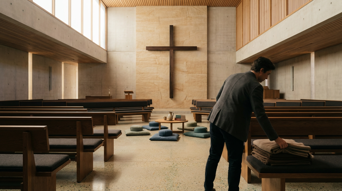 A man organizing folded towels on a wooden pew inside a church with a large cross on the back wall.