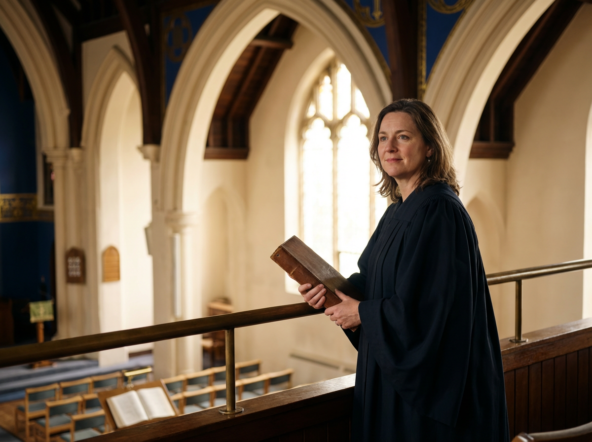 A woman in a black judge's robe inside a church, holding a large book, standing near a wooden railing with empty pews in the background.