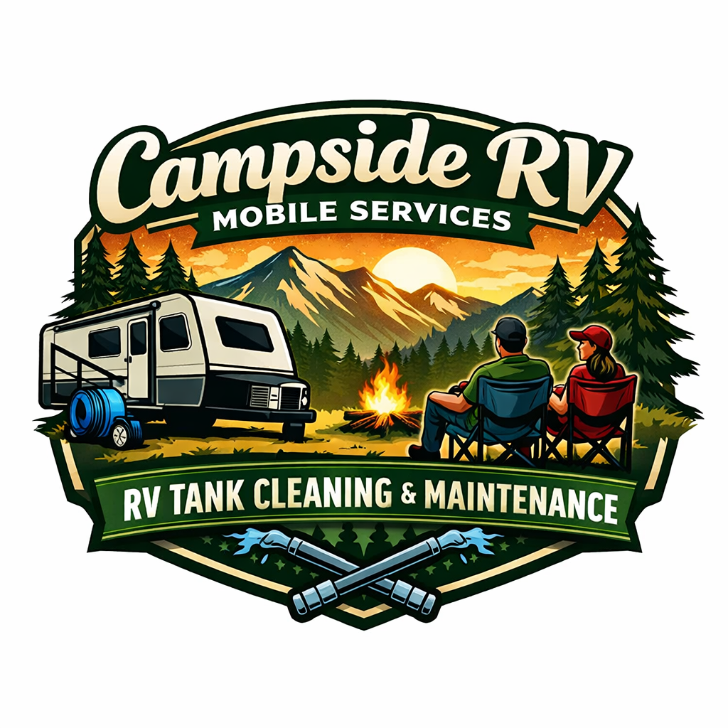Logo for Campside RV Mobile Services featuring an RV, camping scene with campfire, two people sitting in chairs, mountains, pine trees, and crossed pipes.