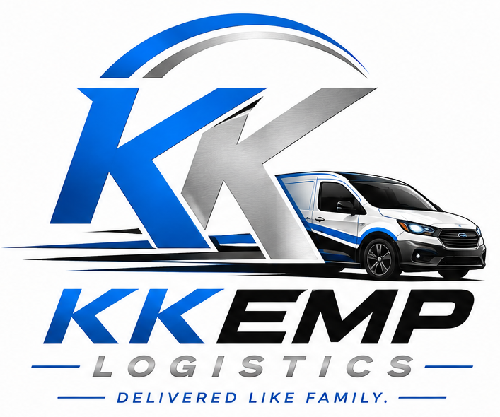 Logo of KKEMP Logistics featuring a large stylized 'KK' in blue and gray, with a white and blue delivery van positioned in front of the letters. The company name and slogan, 'Delivered Like Family,' are included.