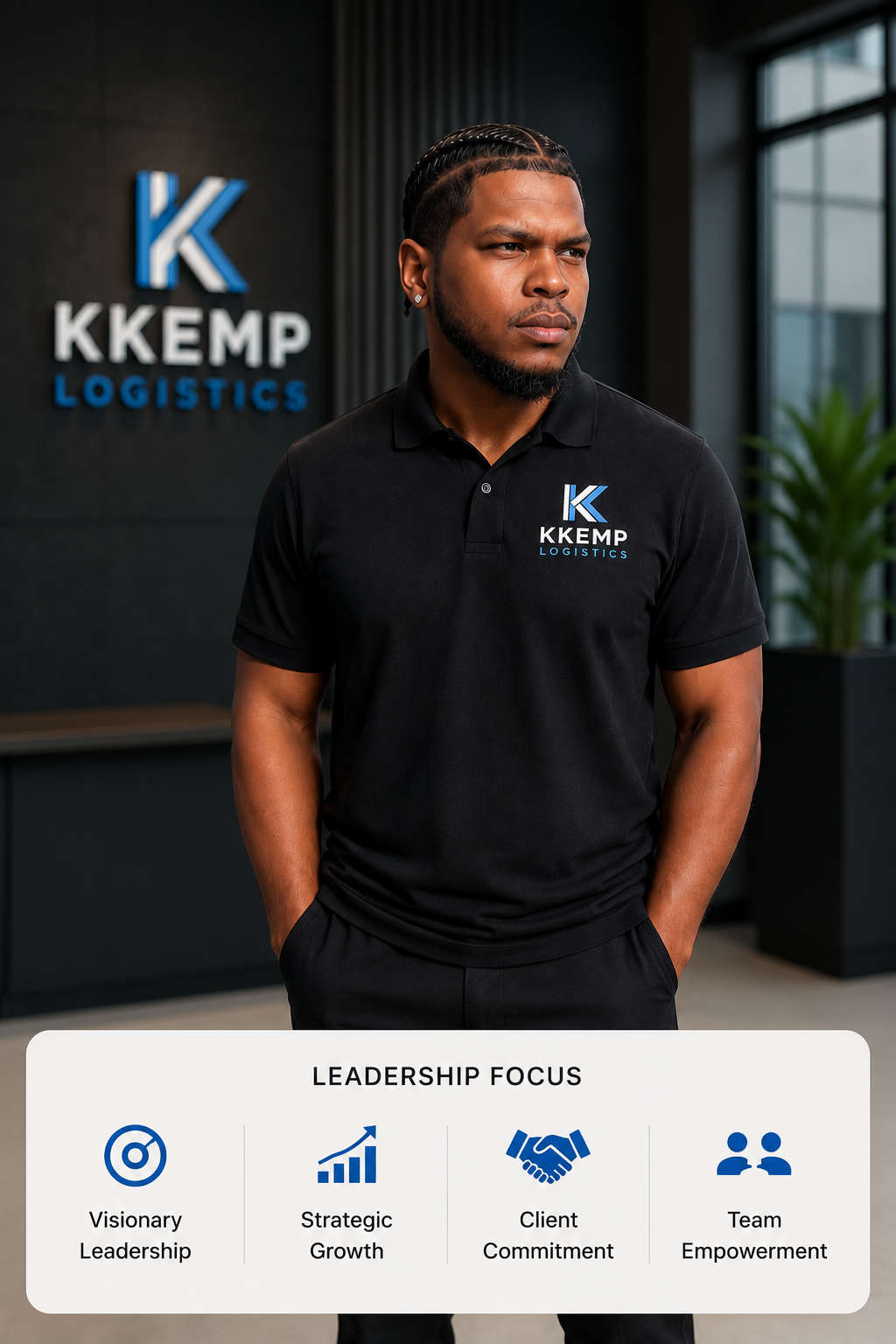 A man in a black polo shirt with the KKEMP Logistics logo standing in an office with a logo sign on the wall behind him. The text overlay reads, 'Leadership Focus' with icons and words: 'Visionary Leadership', 'Strategic Growth', 'Client Commitment', and 'Team Empowerment'.