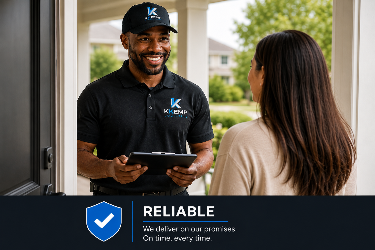 A delivery person from KKEMP Logistics smiling and talking to a woman at her front door, holding a tablet, with a sign overlayed saying 'RELIABLE. We deliver on our promises. On time, every time.'