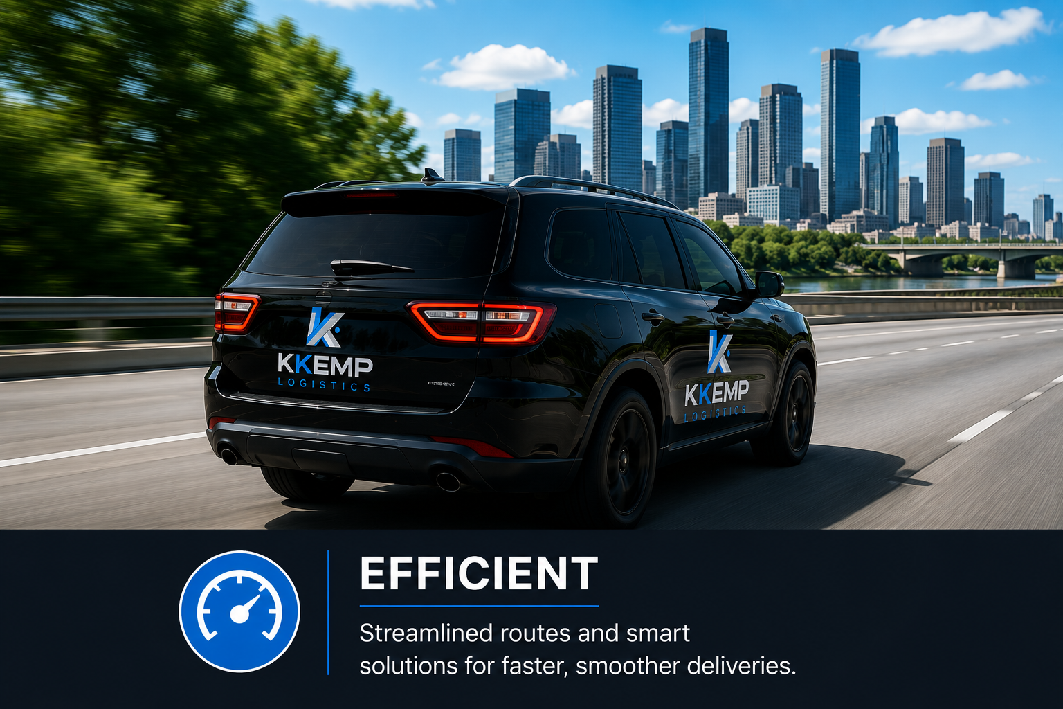 A black SUV with KKEMP LOGISTICS branding driving on a highway with a city skyline in the background, under a partly cloudy sky.