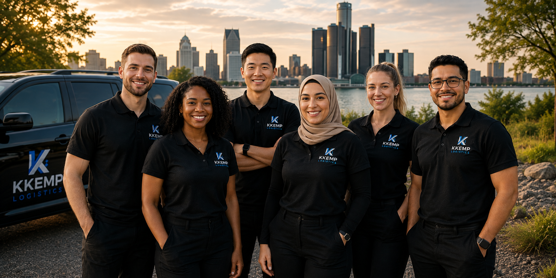 Group of six diverse people standing outdoors with city skyline and water in the background, wearing black shirts with a logo that reads "KKEMP LOGISTICS." They are smiling and looking at the camera.