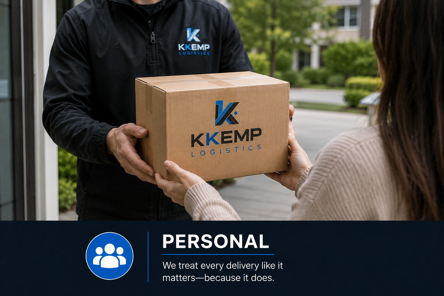 A person in a black jacket with KKEMP LOGISTICS logo on it hands a cardboard box to a woman. The box has KKEMP LOGISTICS printed on it. The woman is wearing a beige sweater. The background shows an outdoor area with greenery and a building.