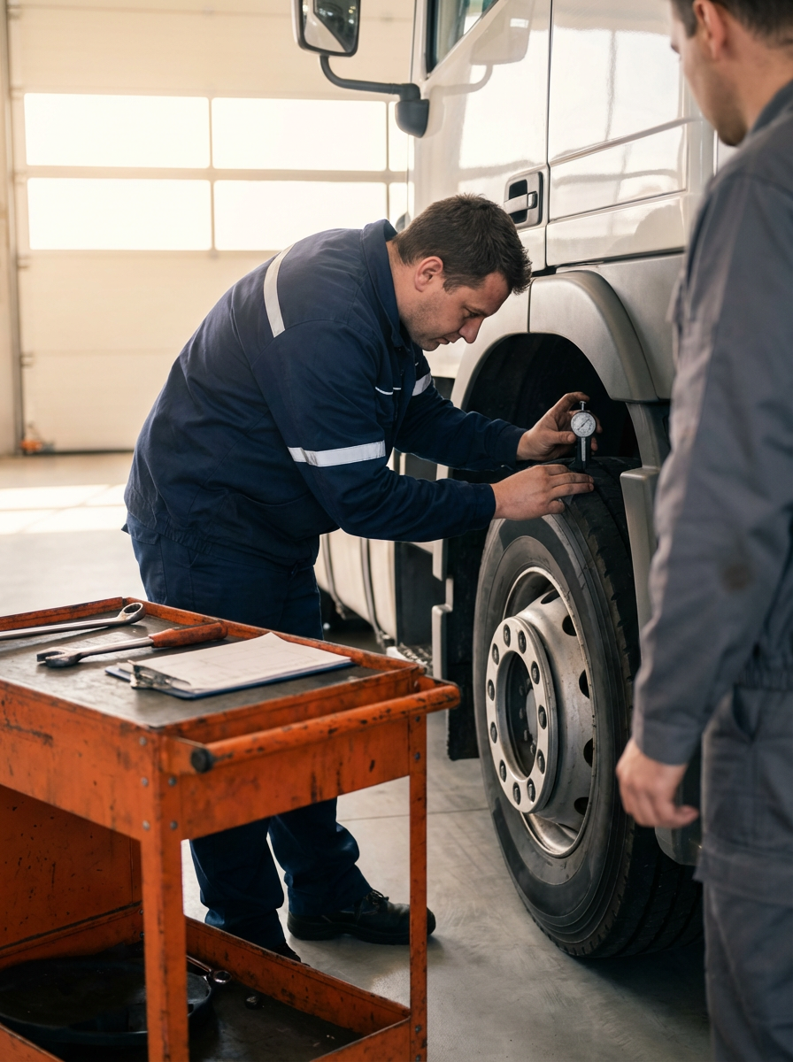 A mechanic checking the tire pressure of a large service truck inside a garage with sunlight coming through windows.