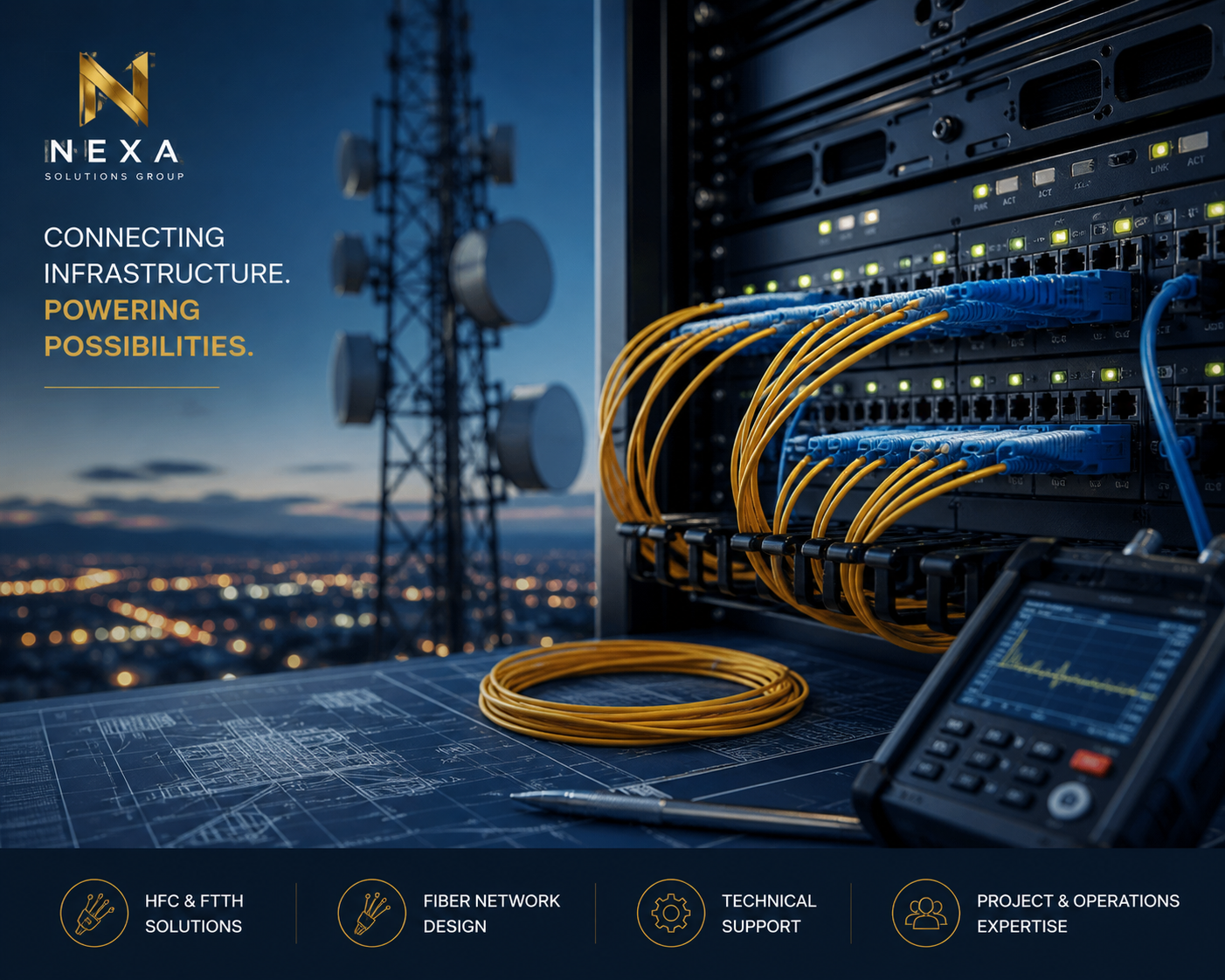 📡 Infraestructura Telecom
Telecommunications infrastructure with fiber optic network equipment and technical tools.