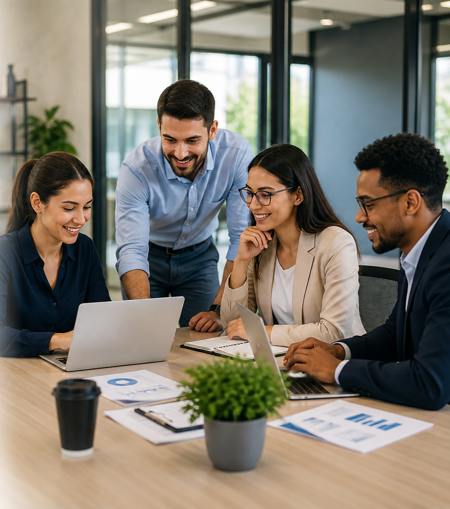 👥 Equipo reunido — About
Business professionals collaborating during a team meeting.
