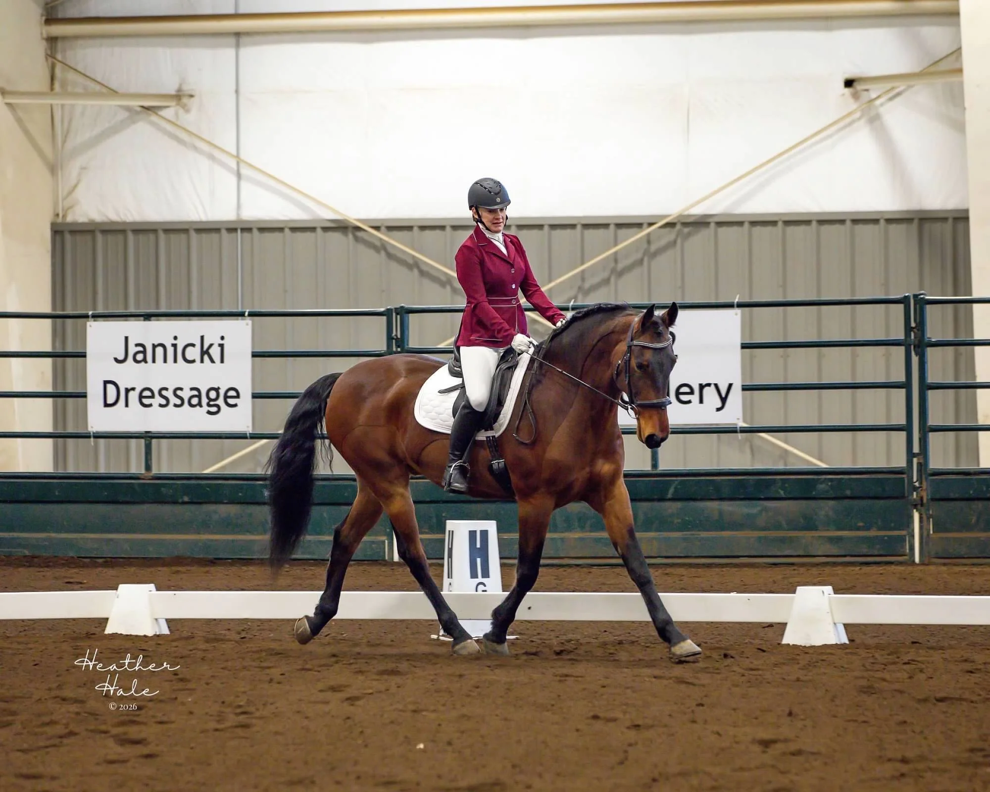 A woman wearing a maroon blazer, white shirt, riding helmet, and gloves is riding a brown horse in an indoor arena. There are white dressage letters and a sign that reads 'Janicki Dressage' on the fencing. The background includes a beige wall with some structural elements.